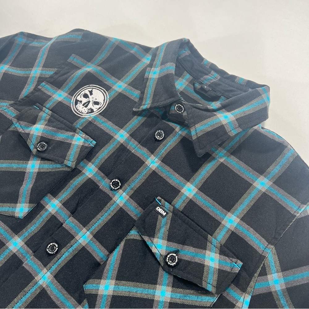 Demons Behind Me Plaid Flannel Mens Shirt Large Skull Embroidered